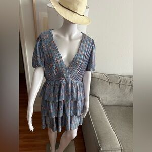 Anthropologie Blue Floral Tiered Size M Femenine Coquette Wedding Guest